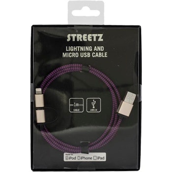 STREETZ USB-synk-/laddarkabel MFi USB Micro B- lightning 1M