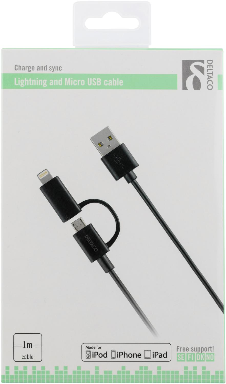 DELTACO USB-synk-/laddarkabel MFi USB Micro B- lightning