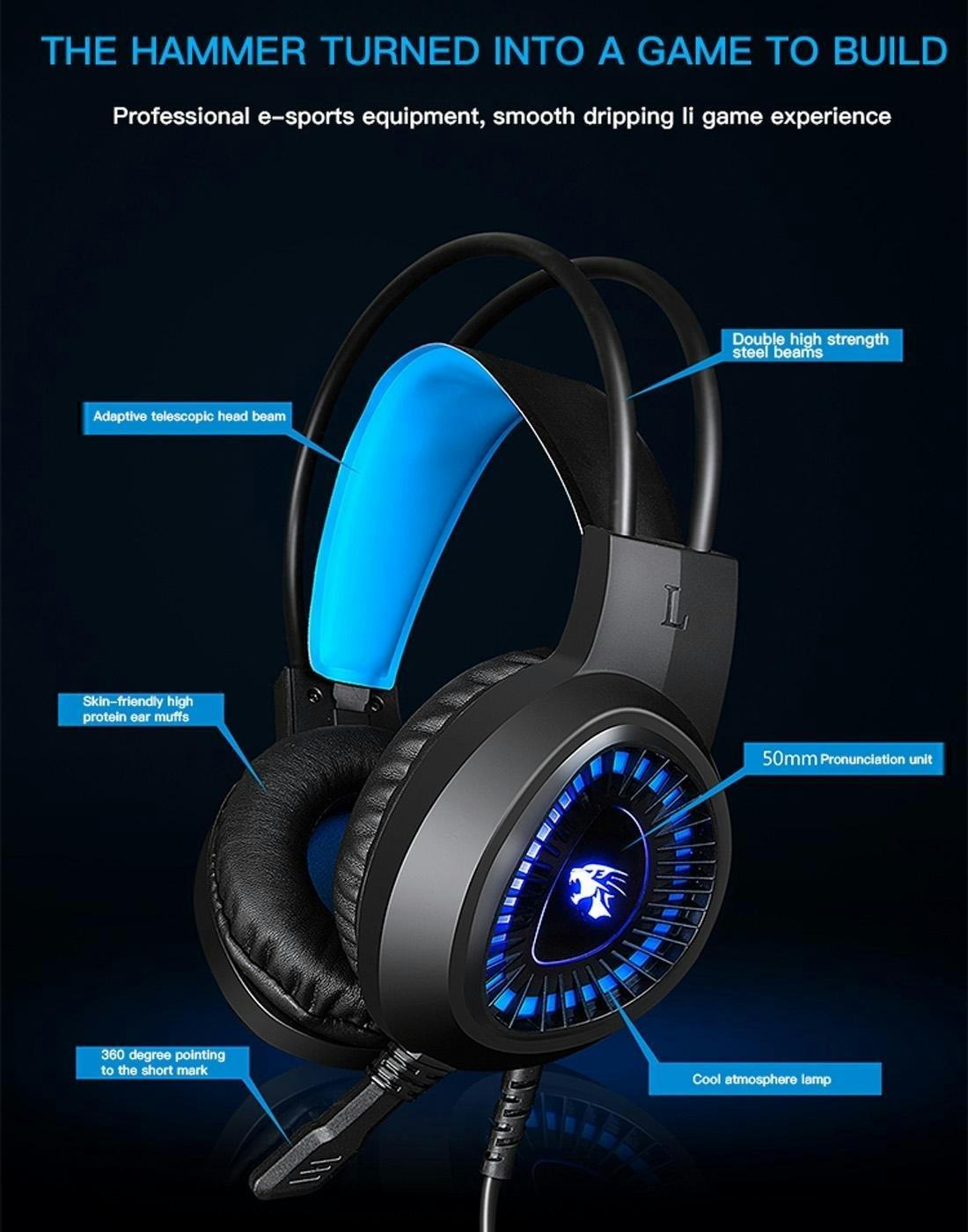 HAMTOD V1000 Dual-3.5mm Gaming Headset blå