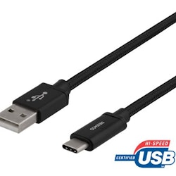 DELTACO USB-A till  USB-C kabel, 2m flätad, svart