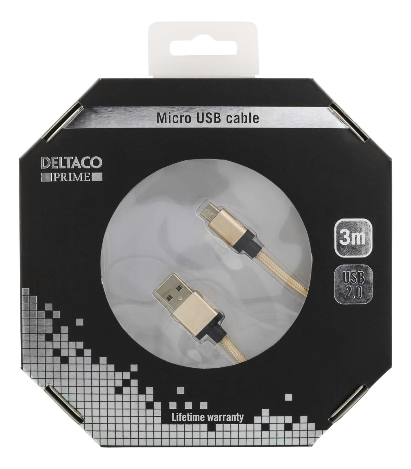 DELTACO PRIME USB-synk-/laddarkabel, tygklädd,  3m, guld