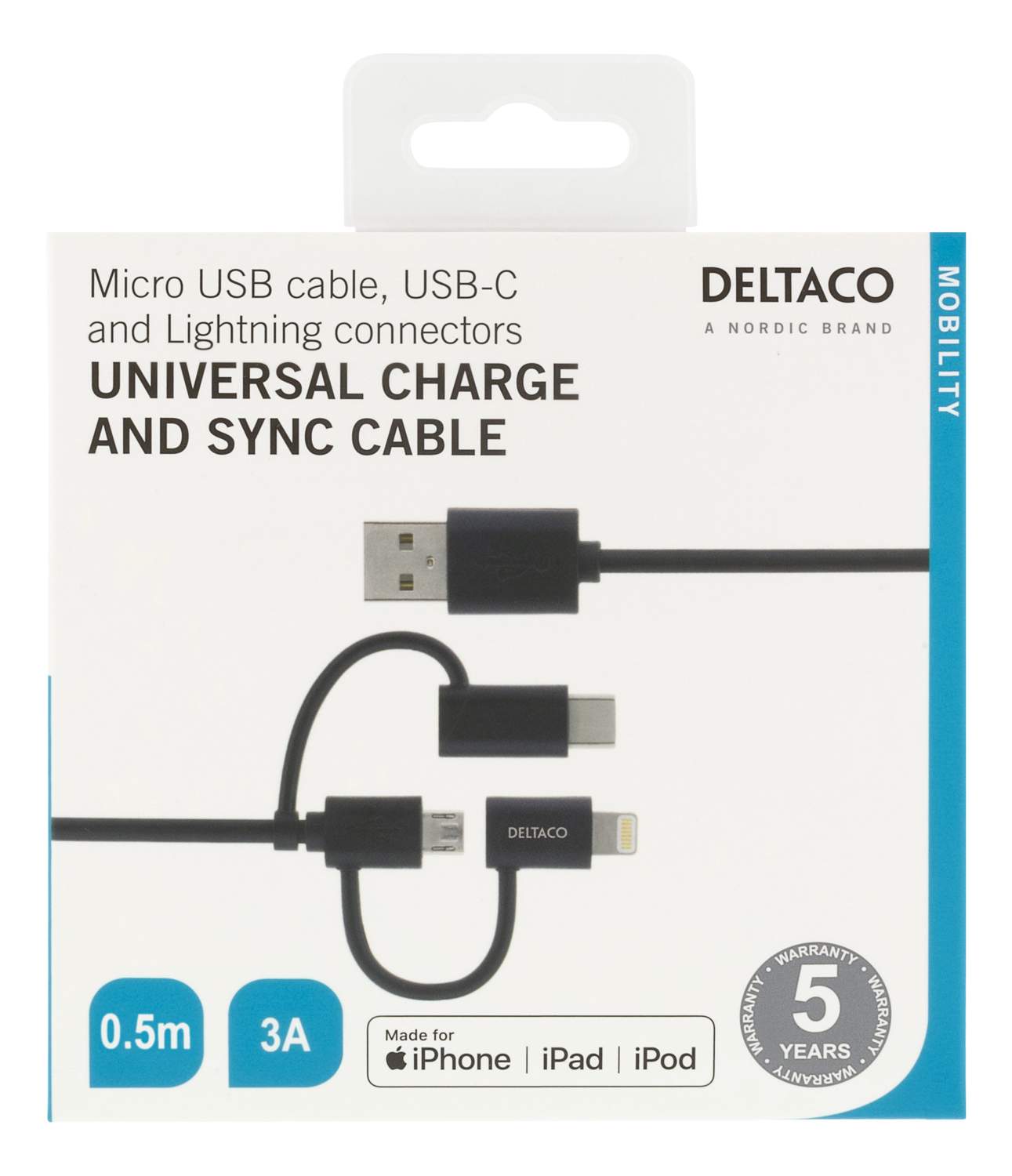 DELTACO Ström- och synkkabel, 0,5m, Micro USB, USB-C, Lightning