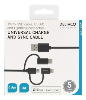 DELTACO Ström- och synkkabel, 0,5m, Micro USB, USB-C, Lightning