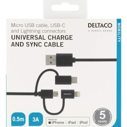 DELTACO Ström- och synkkabel, 0,5m, Micro USB, USB-C, Lightning