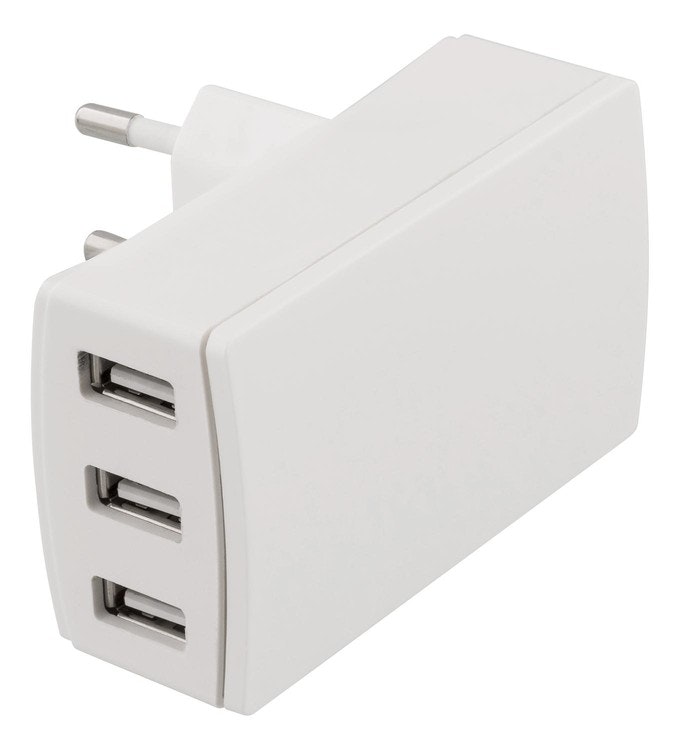 DELTACO Väggladdare, 240V till 5V USB, 3,4A, 3xUSB-A portar, vit