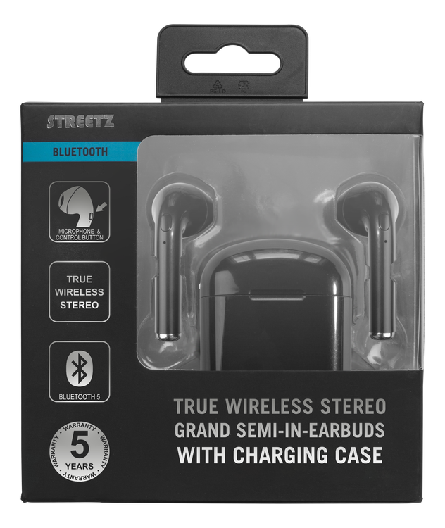 Streetz True Wireless Stereo hörlurar med laddningsetui, BT 5,0
