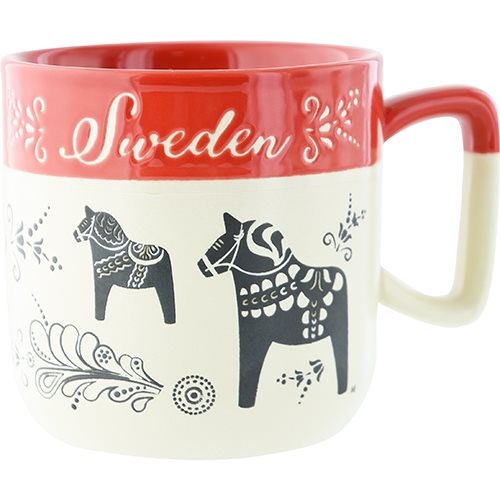 Mug Dala horse and kurbits, Sweden, two-tone red
