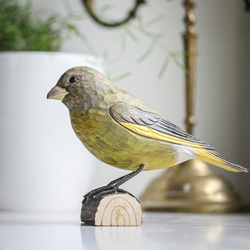 Hand-carved Greenfinch in wood