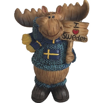 Standing Moose figurine with sign, blue, 10cm