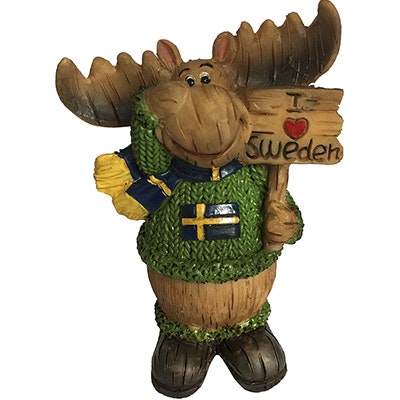 Standing Moose figurine with sign, green, 10cm