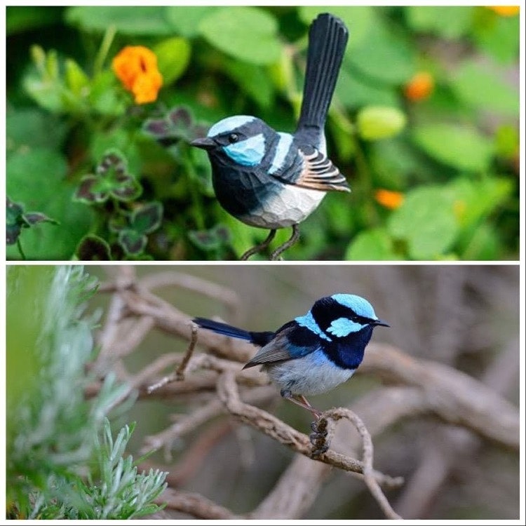 Hand-carved White-bellied Bluefly in wood