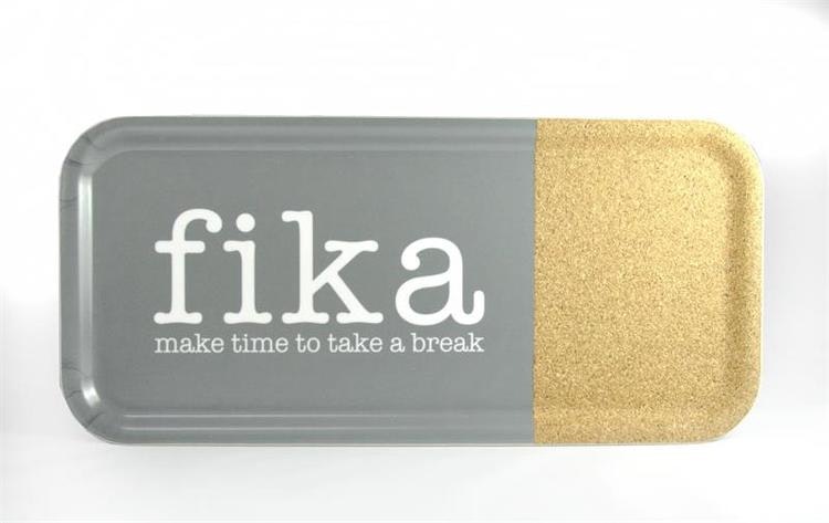 Tray 32x15 cm cork, Make time Fika, grey