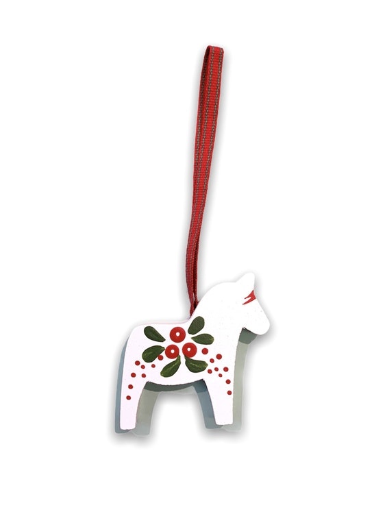 Christmas tree pendant Dala horse with lingonberry motif, white