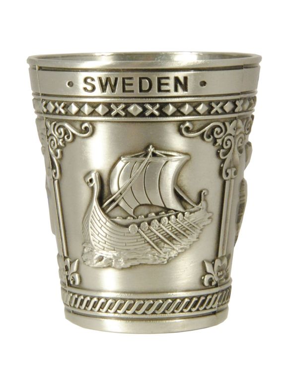 Shotsglas metall älg, vikingaskepp, svensk flagga