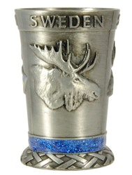Shot glass metal moose, Swedish flag, map