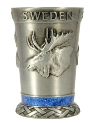 Shot glass metal moose, Swedish flag, map