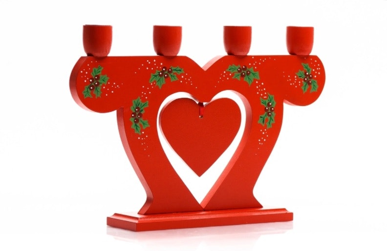 4-armed candlestick Hand painted with heart, lingonberry