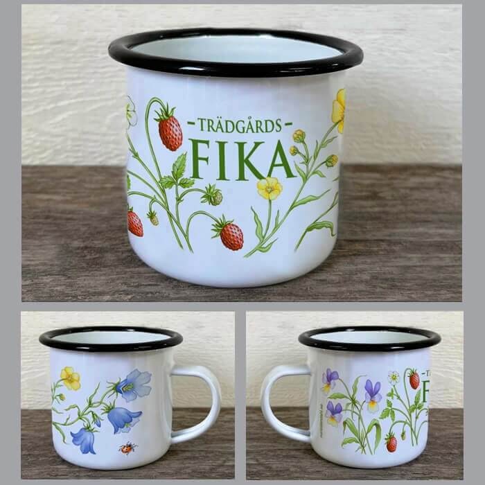 Enamel mug, Trädgårds FIKA, hand painted motifs