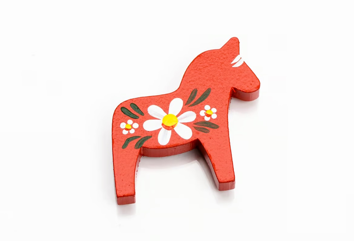 Handmålade magnet dalahäst, röd blom