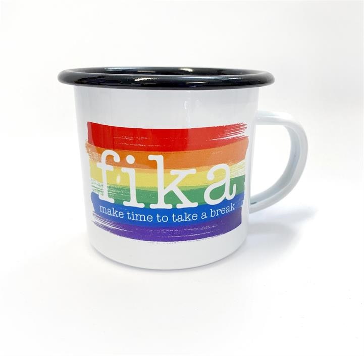 Emaille-Tasse, Fika Pride, weiß/regenbogenfarben