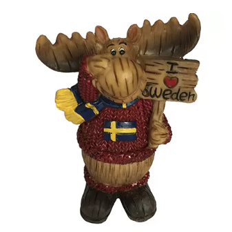 Standing Moose figurine with sign, red, 10cm