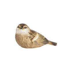 Hand-carved house sparrow chick in wood
