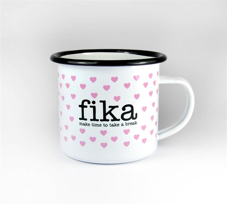 Emaljmugg, Make time to Fika, hjärtan 8 cm