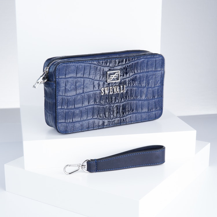 Leather set bags exotic croco blue night - clutch and sling bag with mobile case and pouch plus card holder and keyholder . bild 3