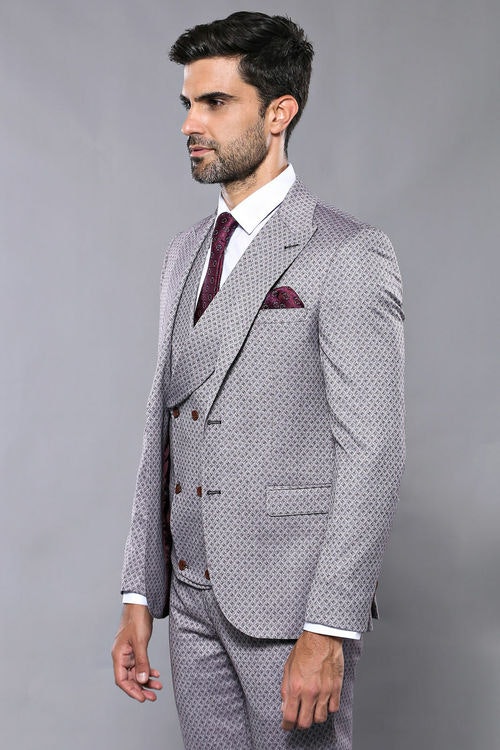 Självmönstrad 3-delad grå kostym - Regiis