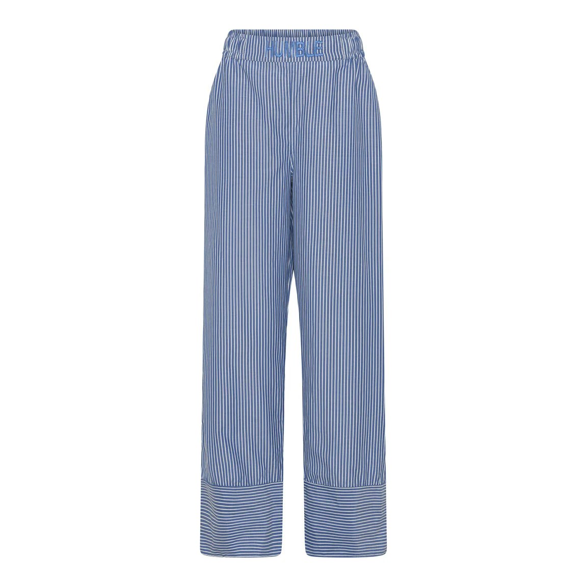 Blå och vitrandig bomullsbyxa med resår upptill och fickor i sidorna. Lite pyjamaslook. Humble by Sofie
