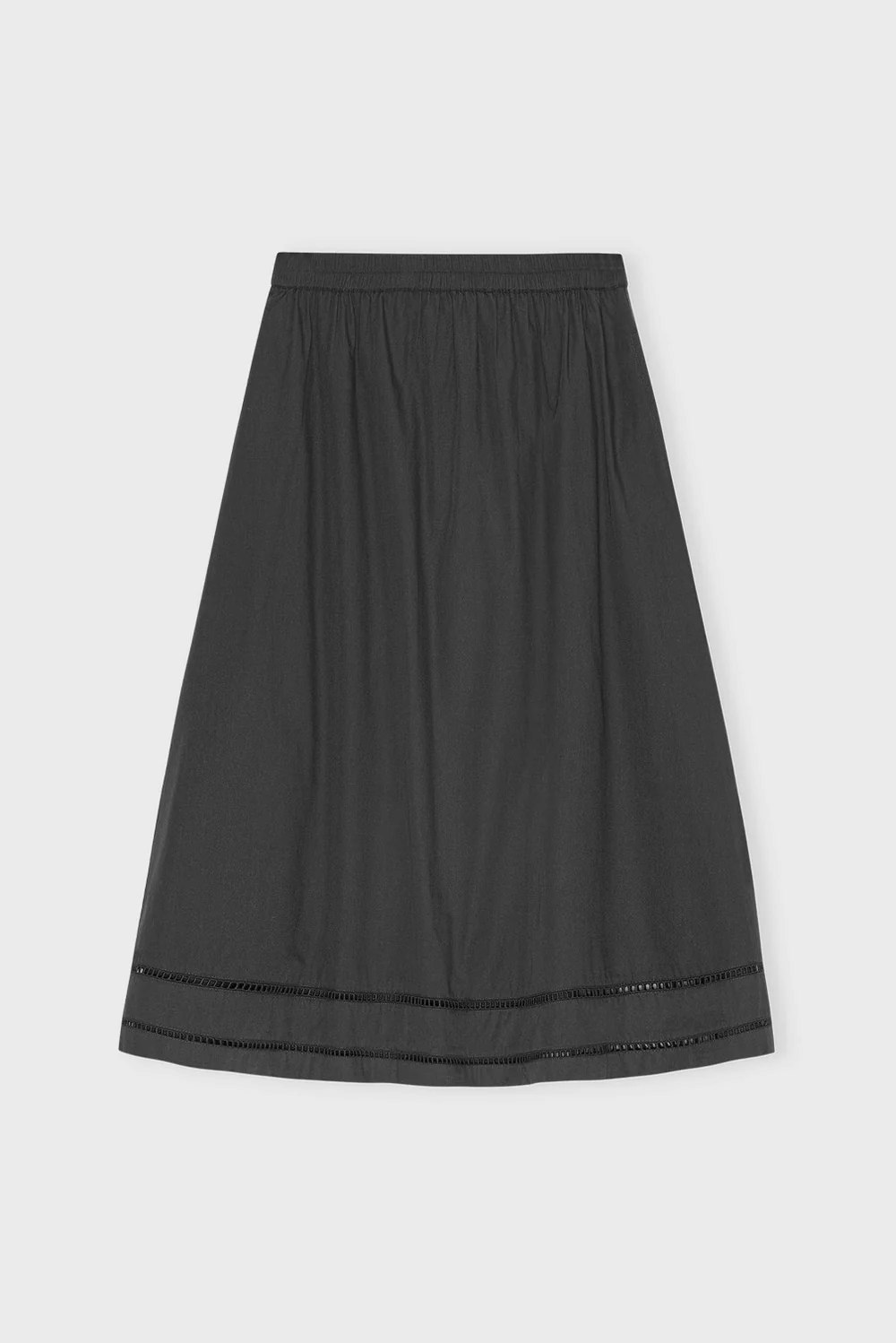 Brill Skirt, en vadlång kjol i bomullspoplin med fin spetsdetalj, från Moshi Moshi Mind. Organic cotton