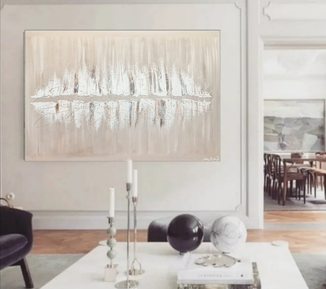 Stor beige abstrakt tavla ovanför soffan | 150x100 cm | Handla nu! -  Artbymiss.j | Stora abstrakta tavlor | Unik modern konst av konstnär