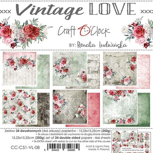 Vintage Love - Paper Collection Set, 24 dobbeltsidige ark, 15x15cm