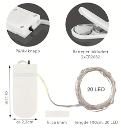 Lyslenker, varmhvit 1m 20LED. Batteridrevet, batterier inkludert
