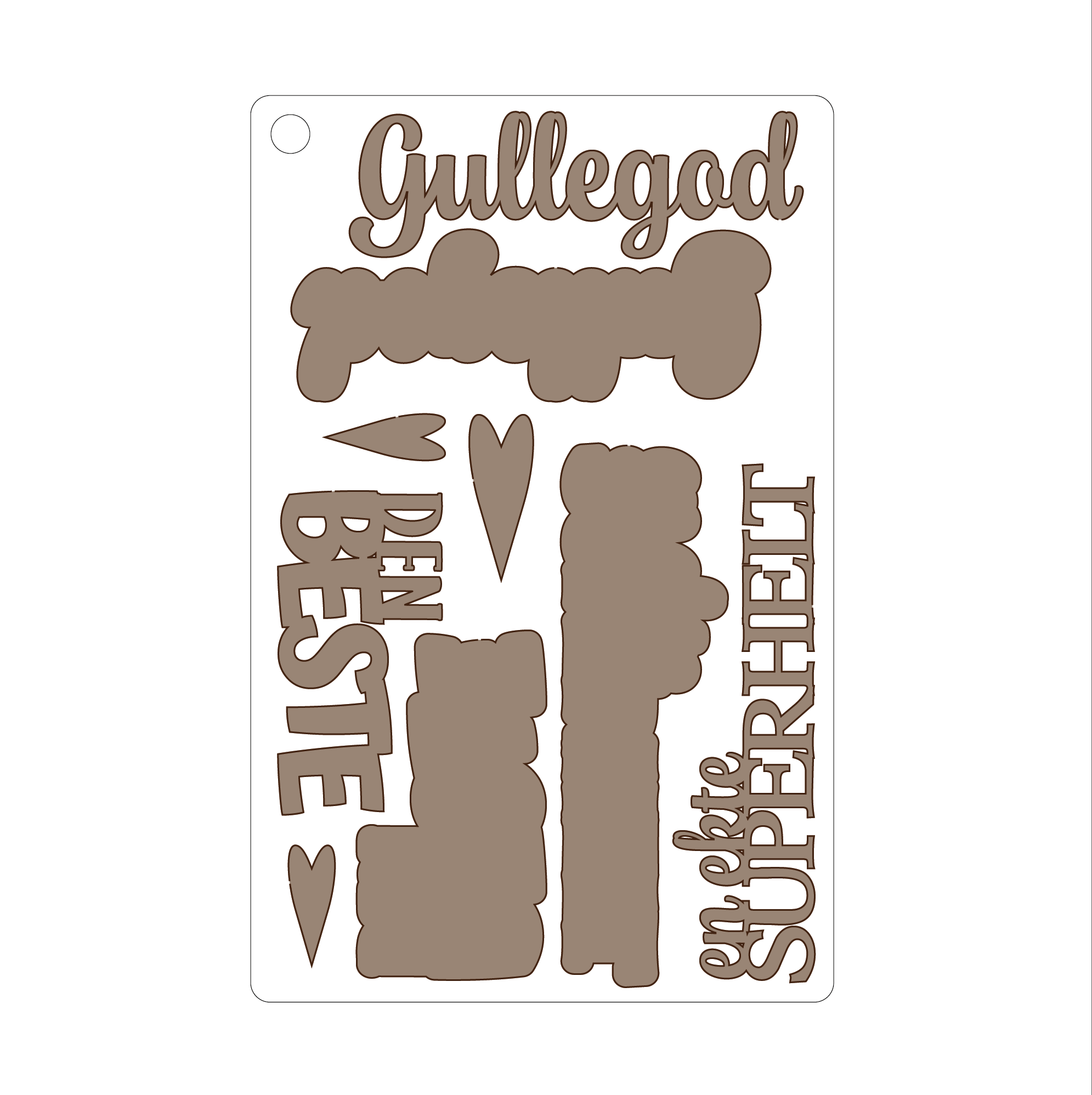 Gullegod, selvklebende laserkutt på plate 9x14cm