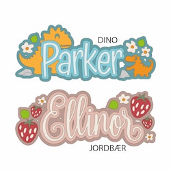 Navnskilt, JORDBÆR / DINO , laserkuttet kit i 3mm bjørekfinér naturell.