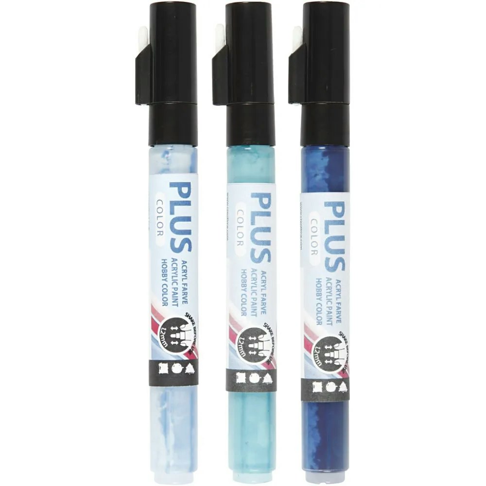 Akryltusj - Plus Color Tusj, L: 14,5 cm, strek 1-2 mm, himmelblå, marineblå, turkis, 5,5 ml, 3stk./ 1 pk.