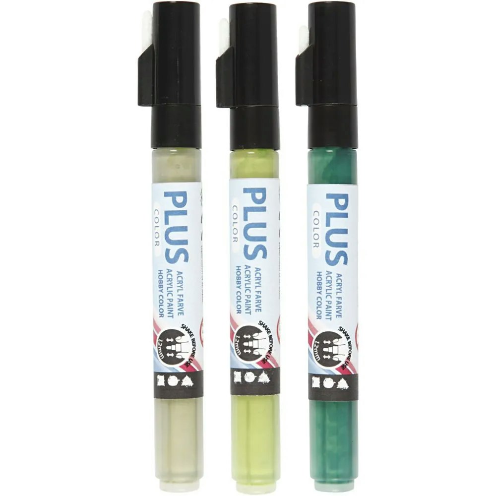 Akryltusj - Plus Color Tusj, L: 14,5 cm, strek 1-2 mm, mørk grønn, eukalyptus, bladgrønn, 5,5 ml, 3stk./ 1 pk.