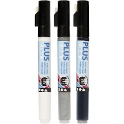 Akryltusj - Plus Color Tusj, L: 14,5 cm, strek 1-2 mm, svart, råhvit, regngrå, 5,5 ml, 3stk./ 1 pk.