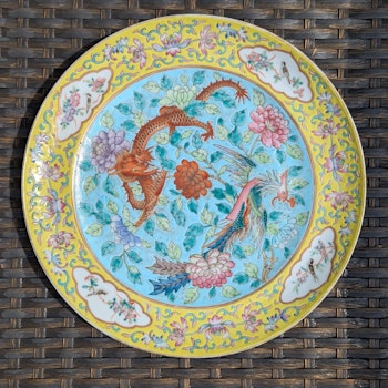 Chinese Antique porcelain plate with dragon and phoenix, 19th c #2628