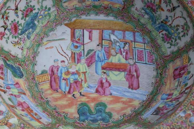 A very big antique Chinese Rose Mandarin Basin Handwasher Canton Famille Rose