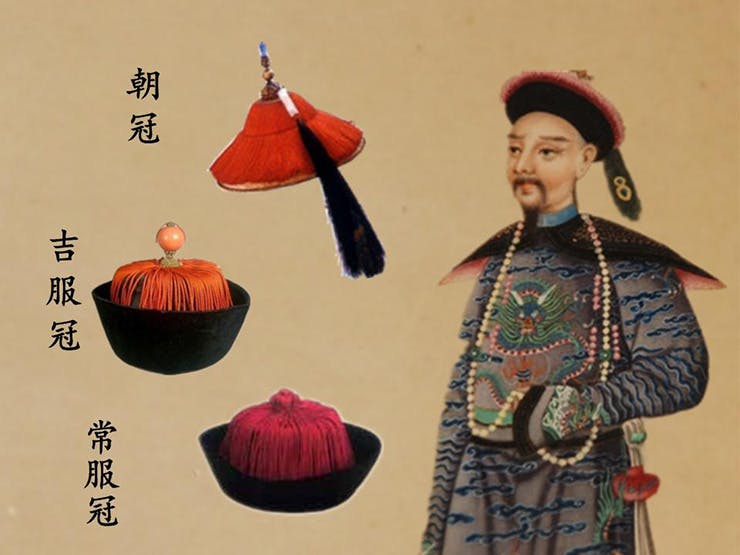An antique Chinese Qing Dynasty winter hat, Mandarin hat finial
