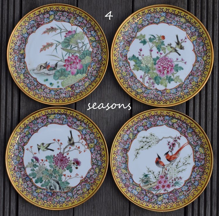 Vintage Four Seasons Collection Famille Rose plates Hong Kong 60's-80's -  Nordic Antiques Sweden