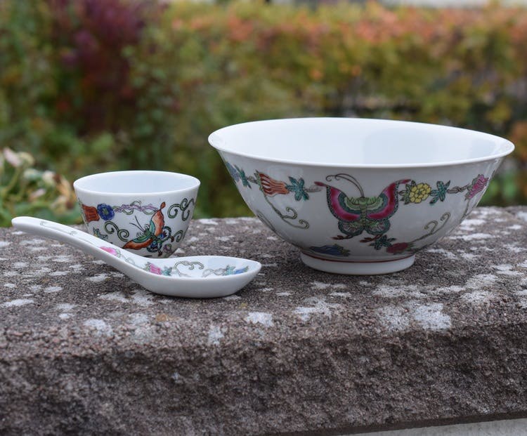 A set of Chinese Vintage Bowl, cup and spoon decorated with butterflies 1900's