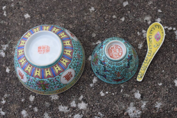 Vintage set of 3 piece Chinese Porcelain bowl, cup and spoon turquoise ground
