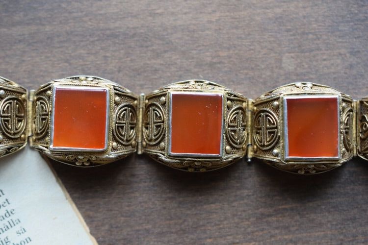 Chinese filigree handmade gilded sterling silver bracelet natural agate 62g 50's