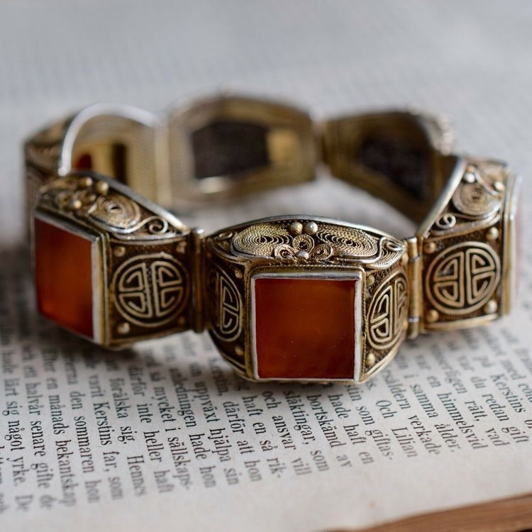 Chinese filigree handmade gilded sterling silver bracelet natural agate 62g 50's