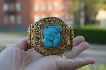 Antique chinese filigree sterling silver bracelet bangle with Turquoise big 70g