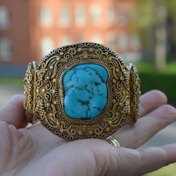 Antique chinese filigree sterling silver bracelet bangle with Turquoise big 70g