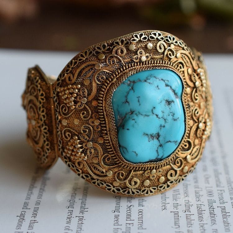 Antique chinese filigree sterling silver bracelet bangle with Turquoise big 70g